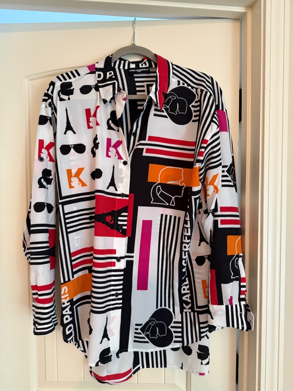 Karl Lagerfeld Graphic Button-Up Blouse in White, Black, Pink, Orange